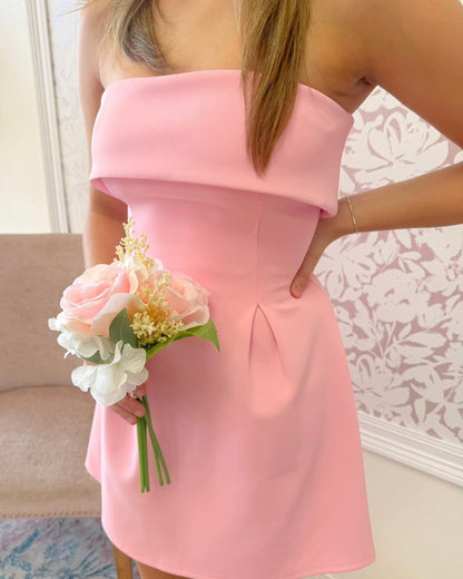Strapless A-Line Mini Dress with Fold-Over Bodice