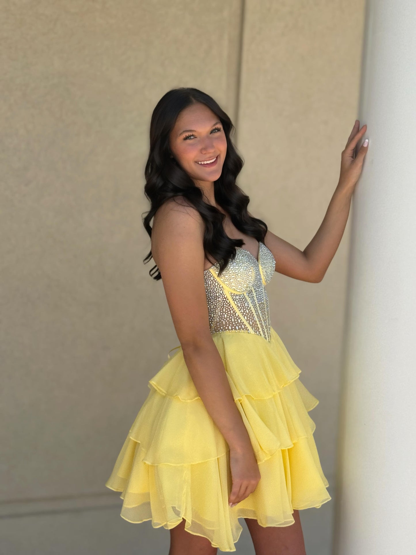 Strapless Rhinestone Corset Tiered Short Dress
