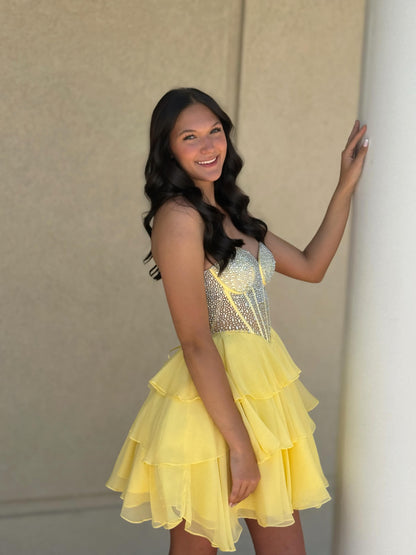 Strapless Rhinestone Corset Tiered Short Dress