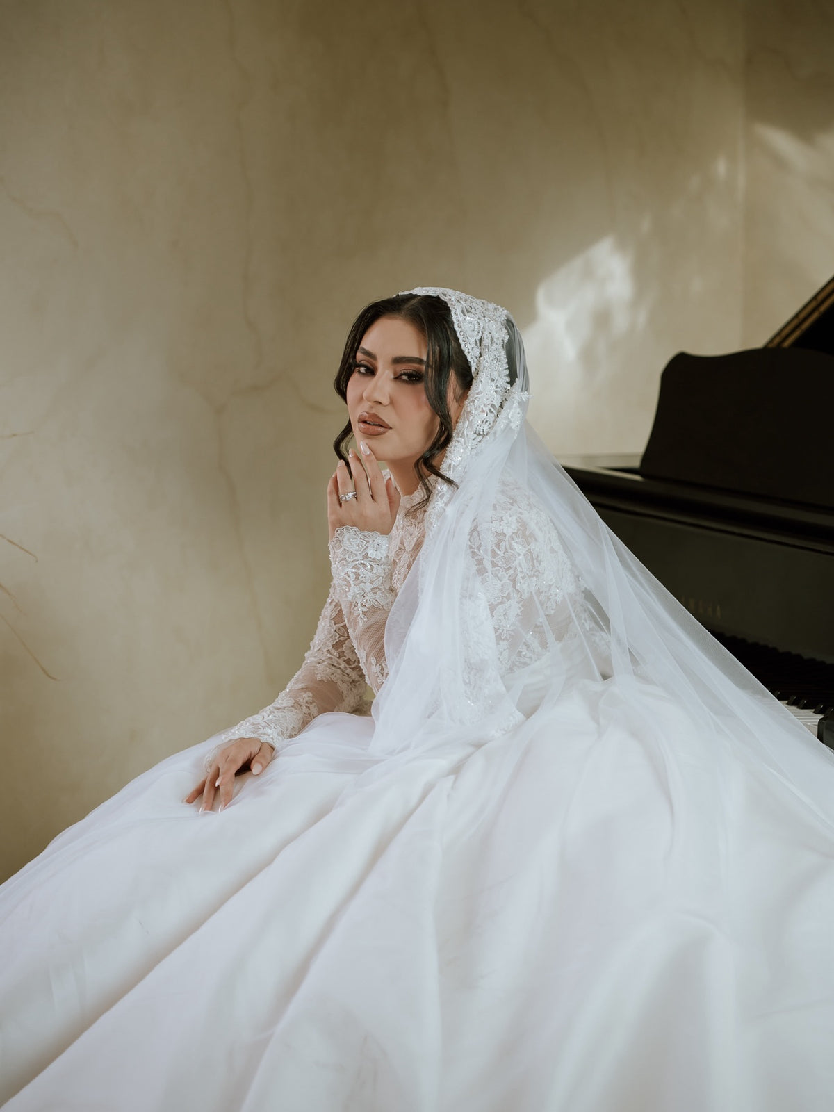 High Neck Lace Bodice Satin Ball Gown Wedding Dress