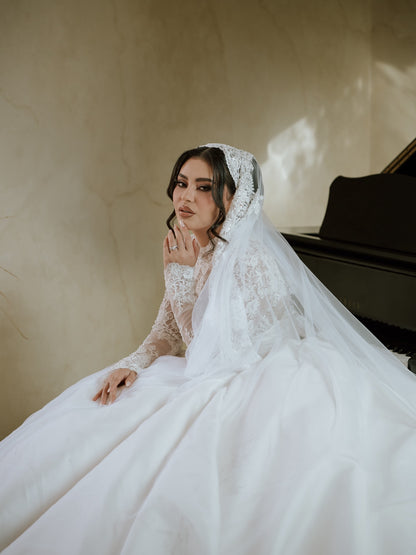 High Neck Lace Bodice Satin Ball Gown Wedding Dress