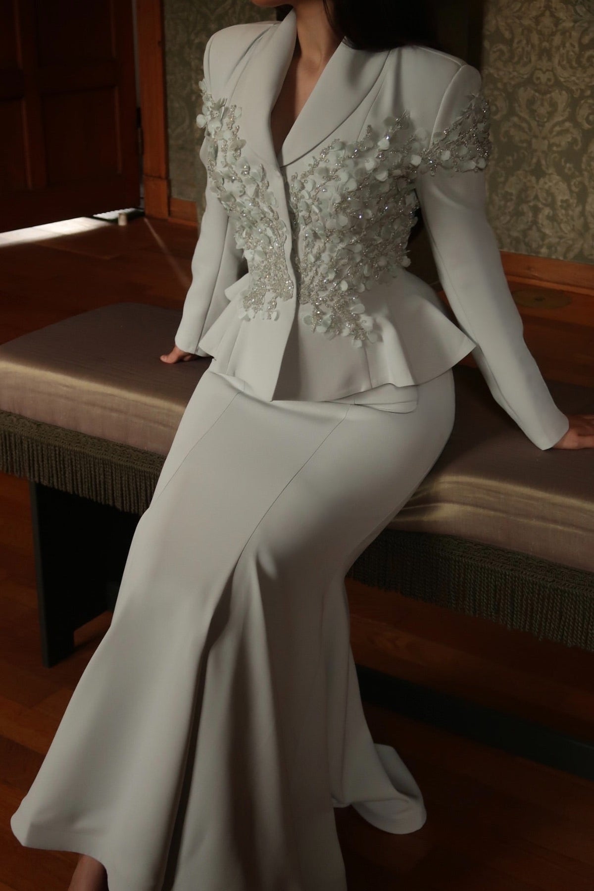 Embellished Peplum Jacket and Mermaid Skirt Set
