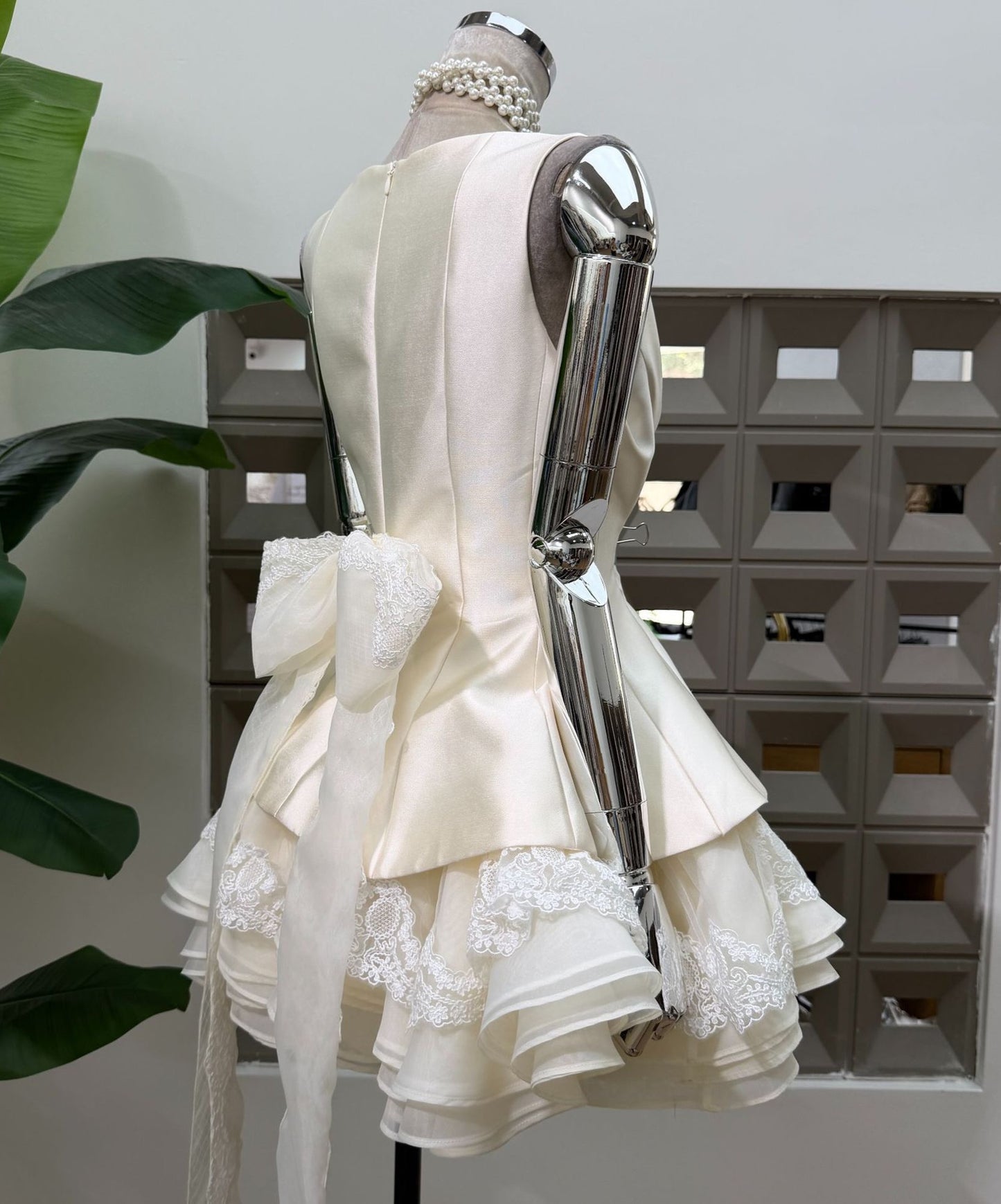 Square Neck Ruffled Mini Dress with Back Bow