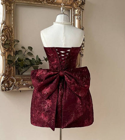 Strapless Lace-Up Jacquard Mini Dress with Bow