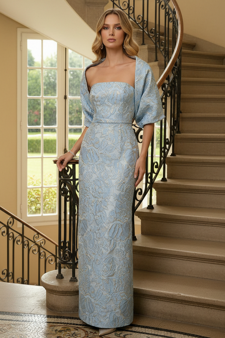 Strapless Jacquard Column Gown with Matching Jacket