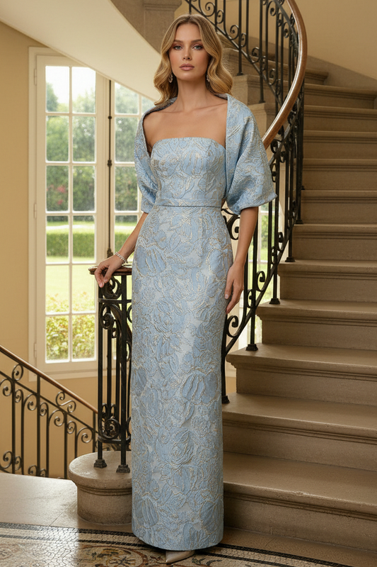 Strapless Jacquard Column Gown with Matching Jacket