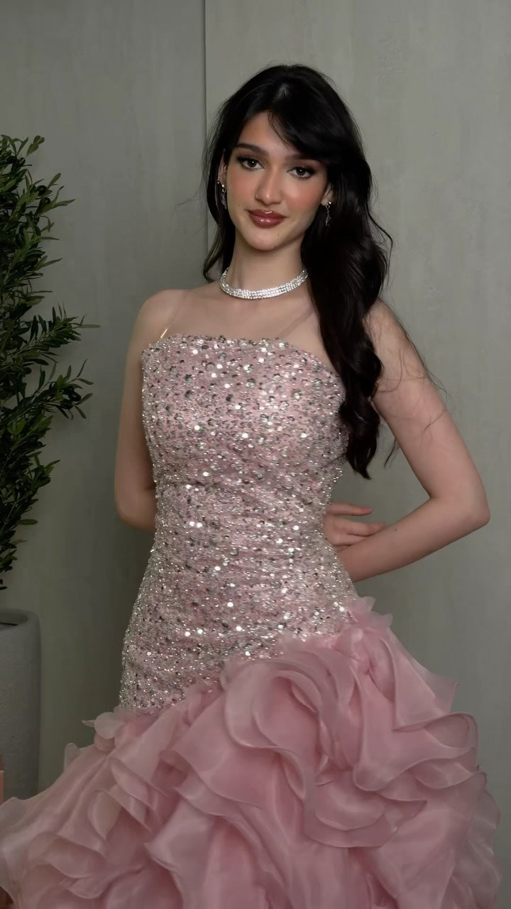 Strapless Sequin Bodice Ruffled Evening Gown