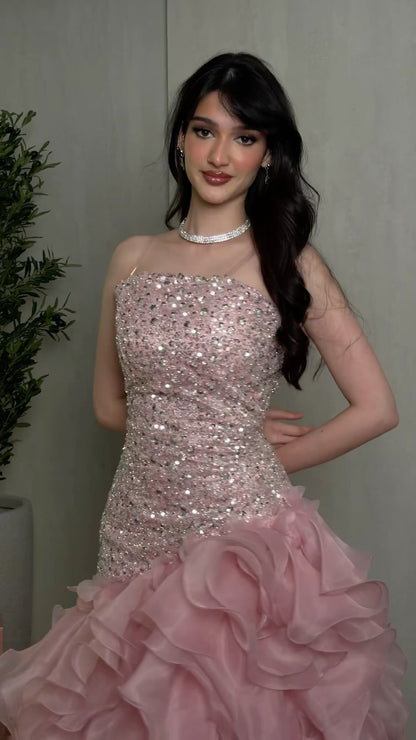 Strapless Sequin Bodice Ruffled Evening Gown