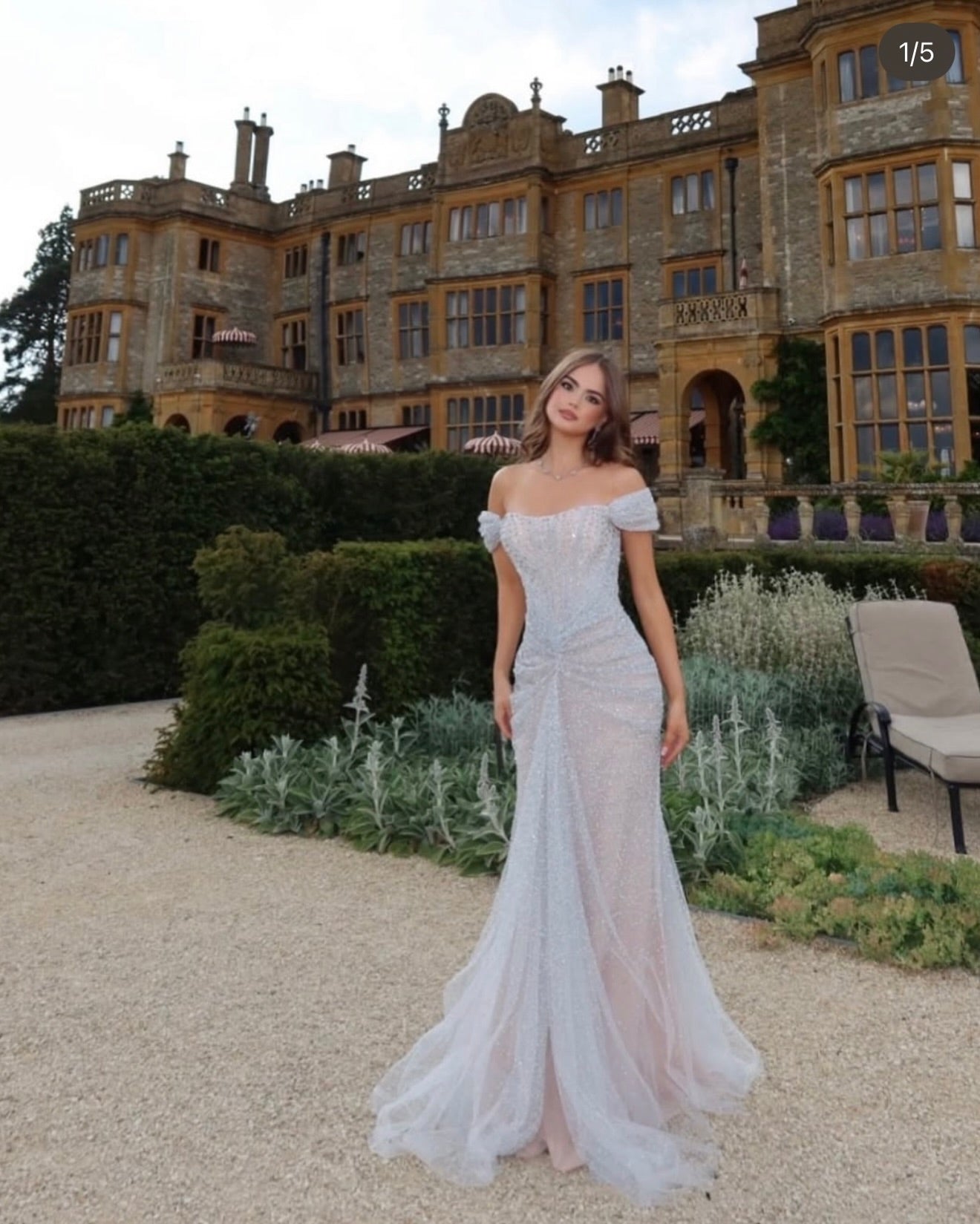 Off-the-Shoulder Ruched Glitter Evening Gown