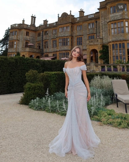 Off-the-Shoulder Ruched Glitter Evening Gown