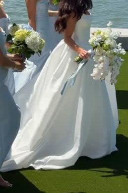 Square Neckline Satin Ball Gown Wedding Dress with Train