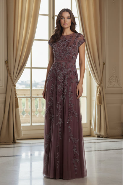 Embroidered Beaded A-Line Gown with Cap Sleeves