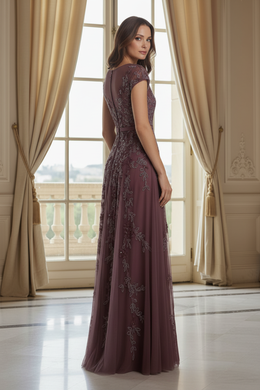 Embroidered Beaded A-Line Gown with Cap Sleeves