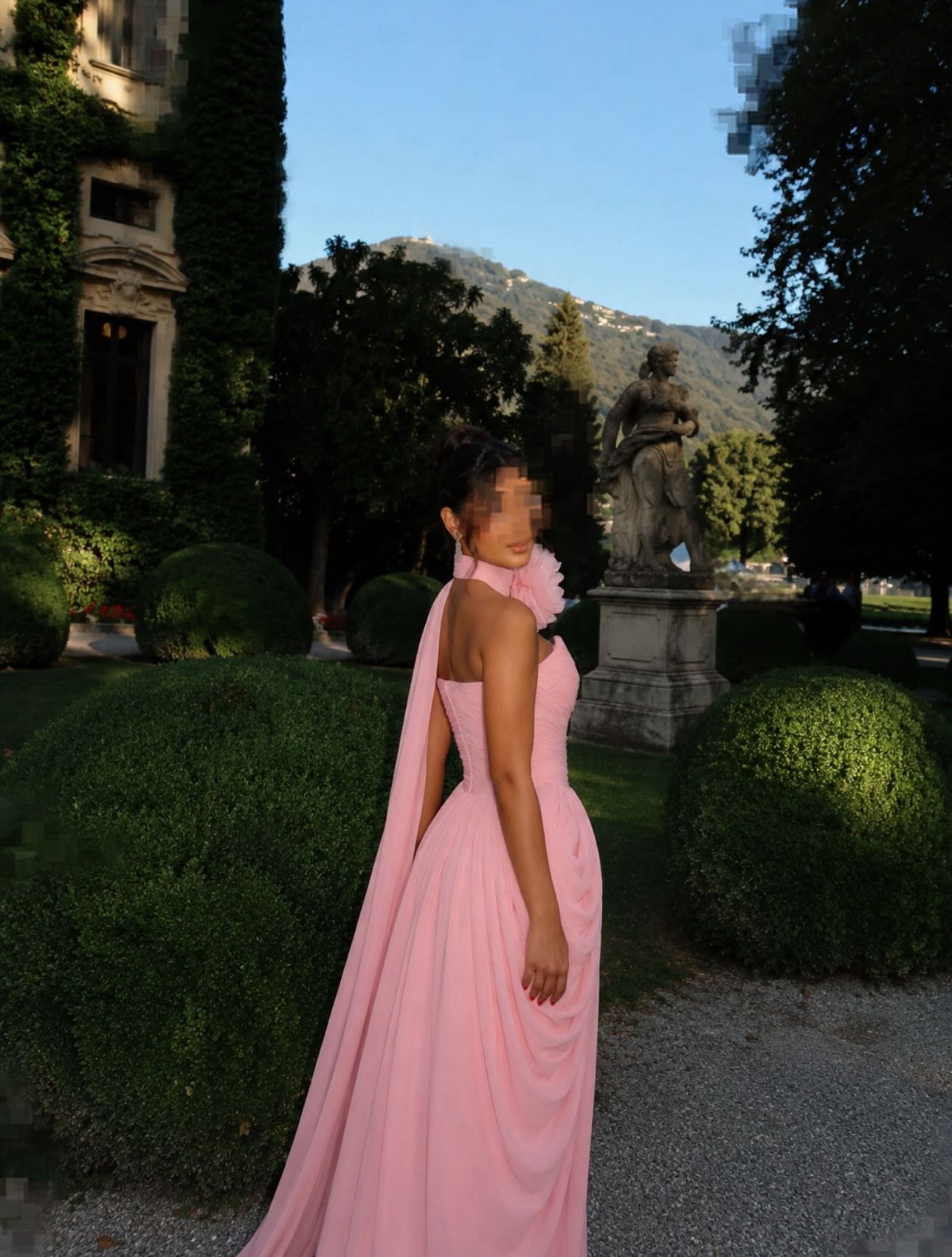 Ruched Chiffon Evening Gown with 3D Flower Cape