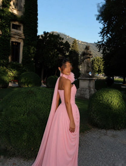 Ruched Chiffon Evening Gown with 3D Flower Cape
