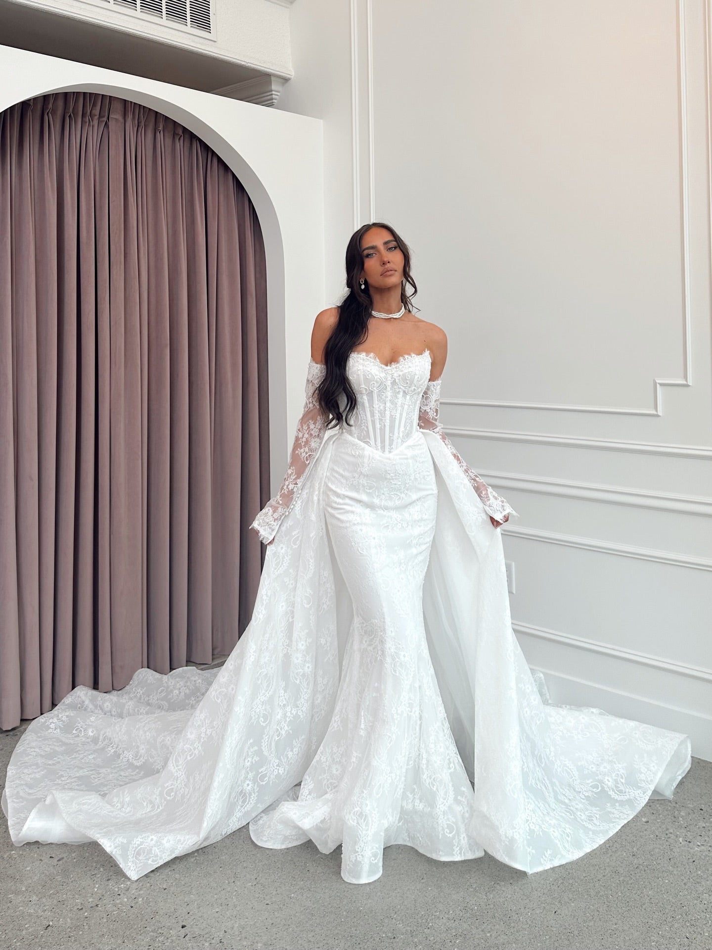 Lace Mermaid Wedding Dress with Detachable Overskirt
