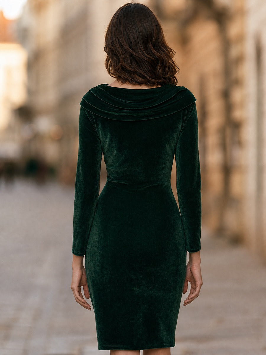 Cowl Neck Velvet Long Sleeve Midi Sheath Dress