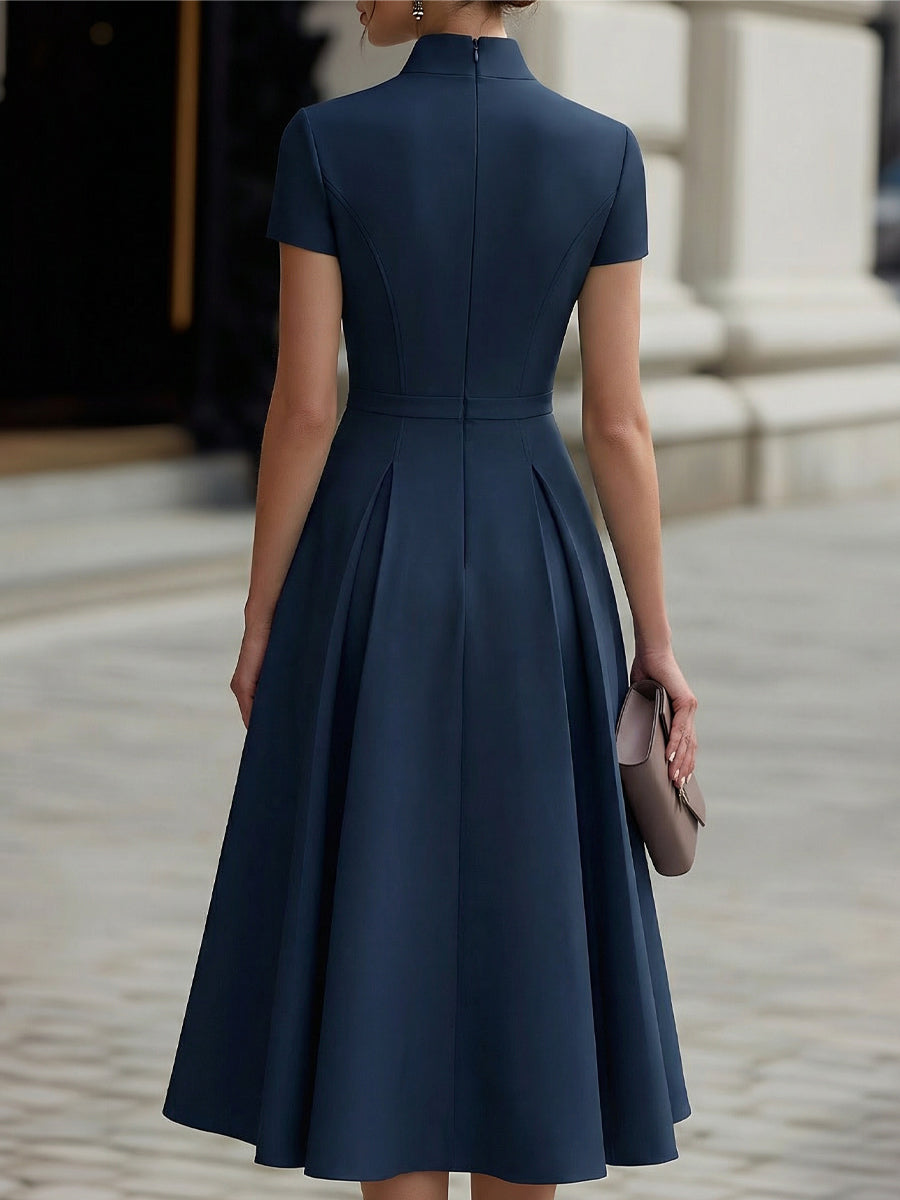 Short-Sleeve High-Neck Zip-Front Midi A-Line Dress