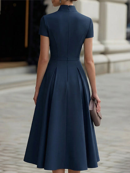 Short-Sleeve High-Neck Zip-Front Midi A-Line Dress