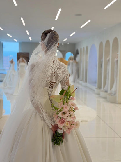 High Neck Lace Bodice Ball Gown Wedding Dress