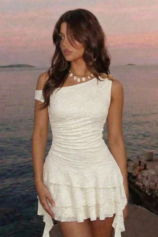 One Shoulder Lace Tiered Ruffle Mini Dress