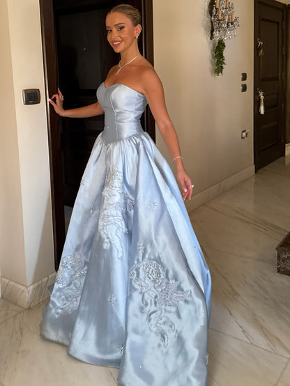 Strapless Cherub Embroidered Ball Gown