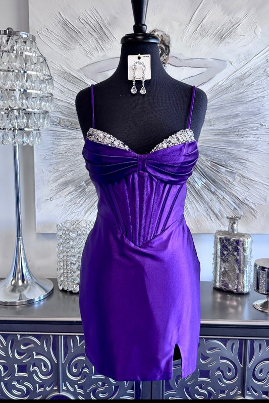 Beaded Corset Satin Mini Dress with Slit