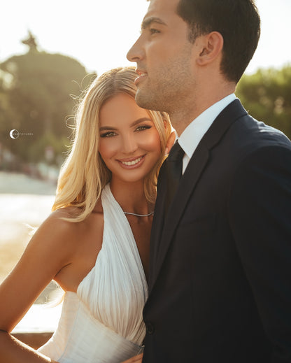 Deep V-Neck Halter A-Line Wedding Dress with Corset Back
