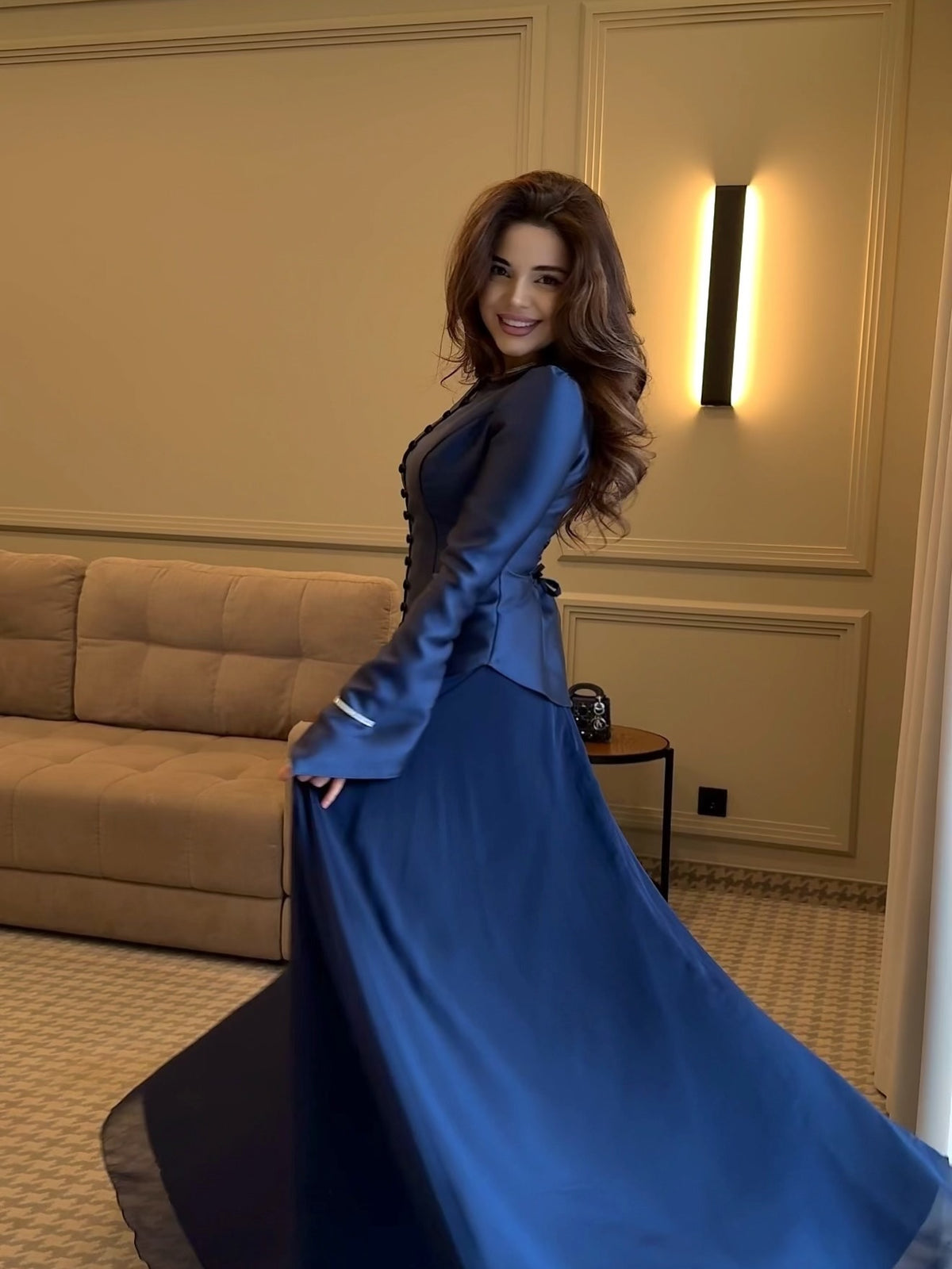 Long Sleeve Button-Front Peplum Evening Gown