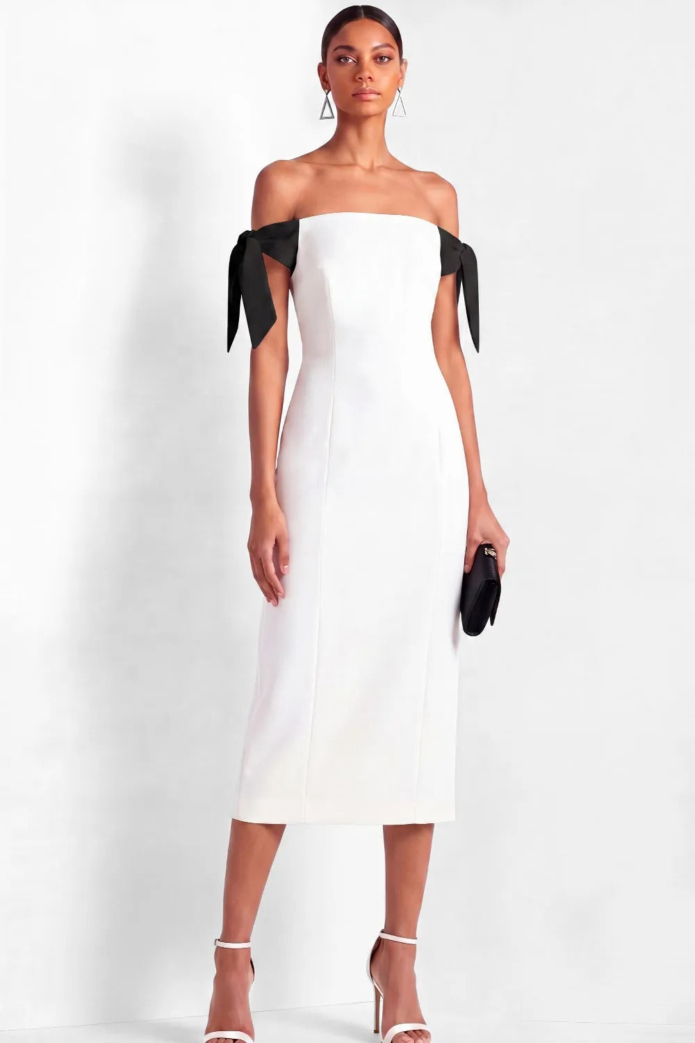 Off-the-Shoulder Bow Midi Sheath Dress