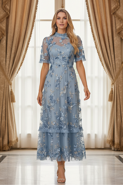 3D Floral Embroidered High-Neck Midi Dress