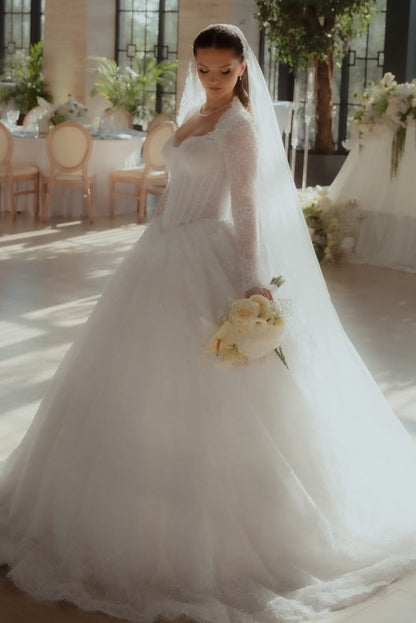 Long-Sleeve Lace Wedding Ball Gown with Square Neckline
