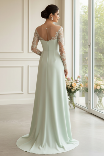 Sage Green A-Line Mother of the Bride Dress with Illusion Lace Applique Long Sleeves
