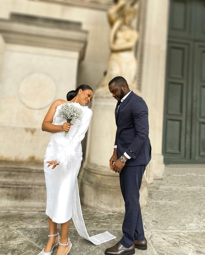 One-Shoulder Midi Wedding Dress with Feather Cuff