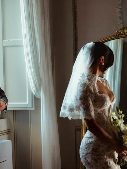 High-Neck Lace Mermaid Wedding Dress with Open Back