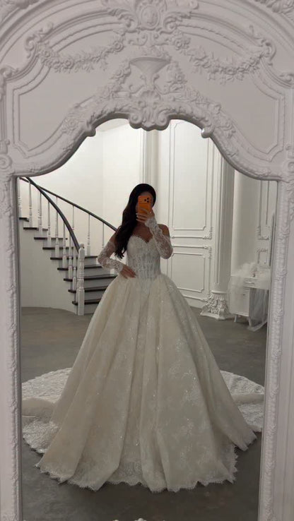Lace Off-Shoulder Corset Ball Gown Wedding Dress
