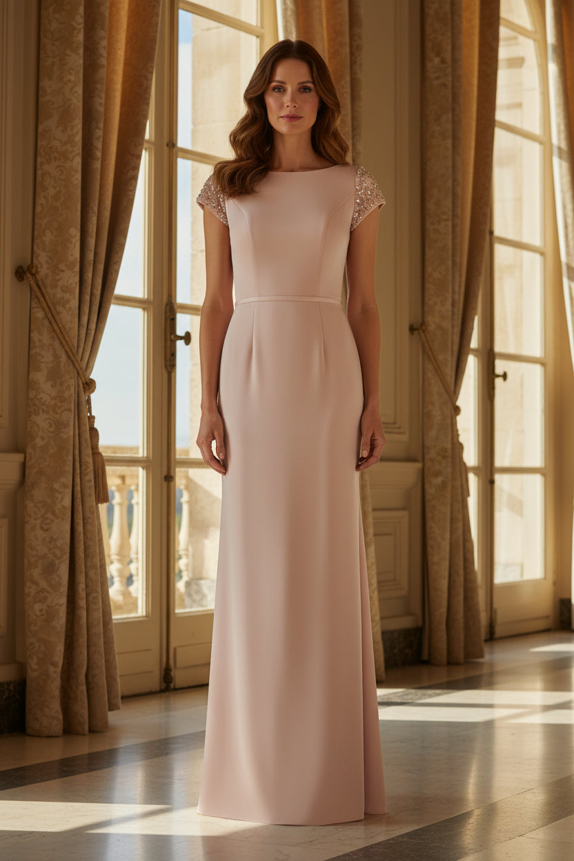 Beaded Cap Sleeve Column Evening Gown