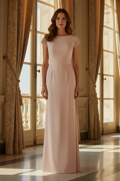 Beaded Cap Sleeve Column Evening Gown