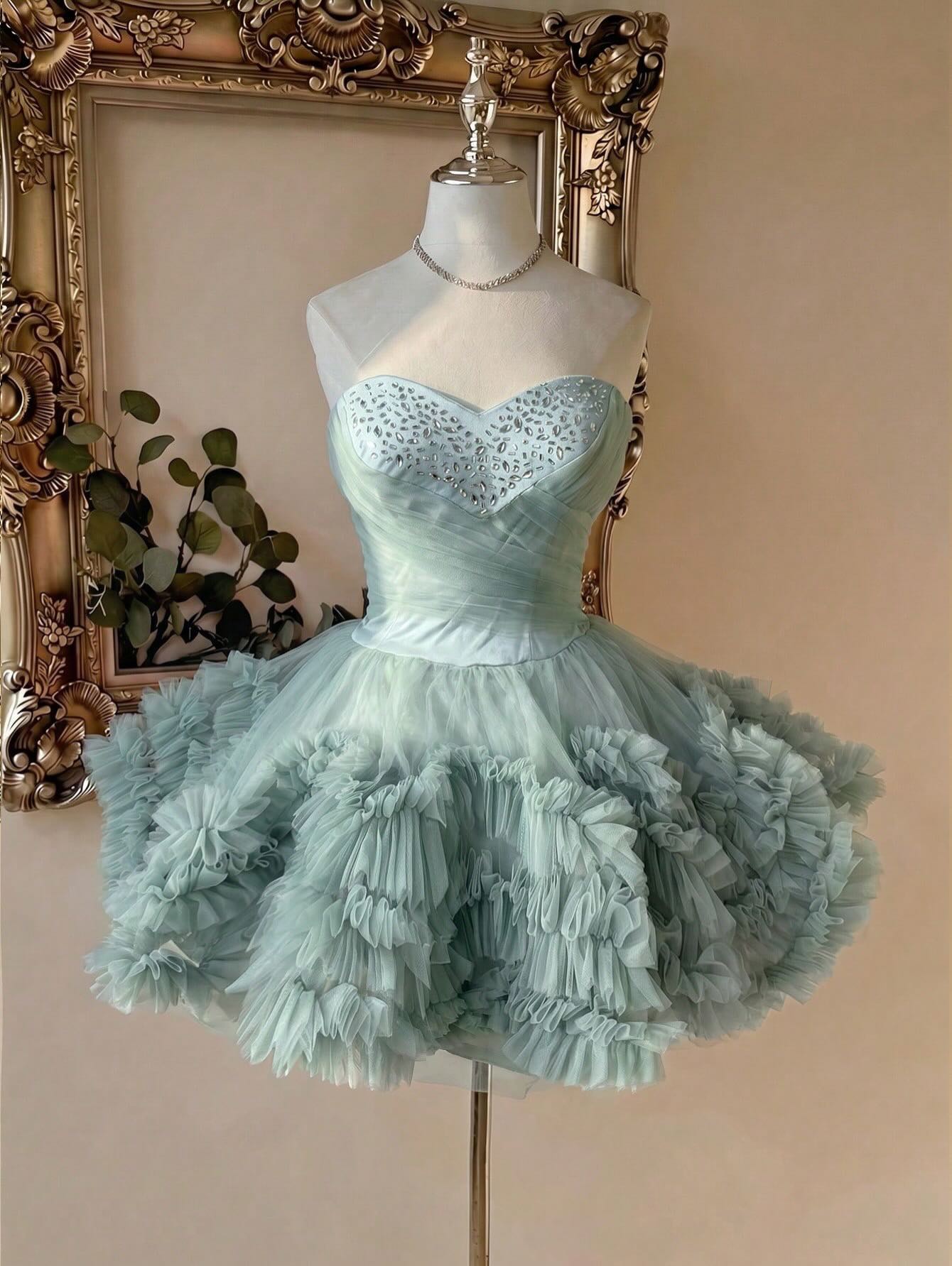 Strapless Sweetheart Ruffled Tulle Short Prom Dress