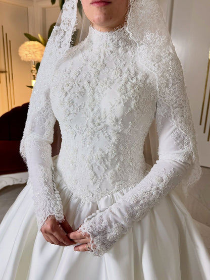 High-Neck Long Sleeve Ball Gown Wedding Dress