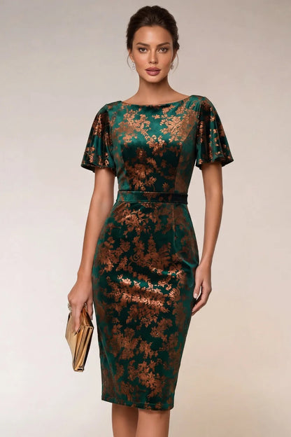 Metallic Floral Velvet Flutter Sleeve Midi Dress