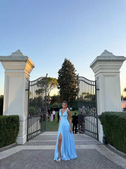Pleated Deep V-Neck Gown with High Slit