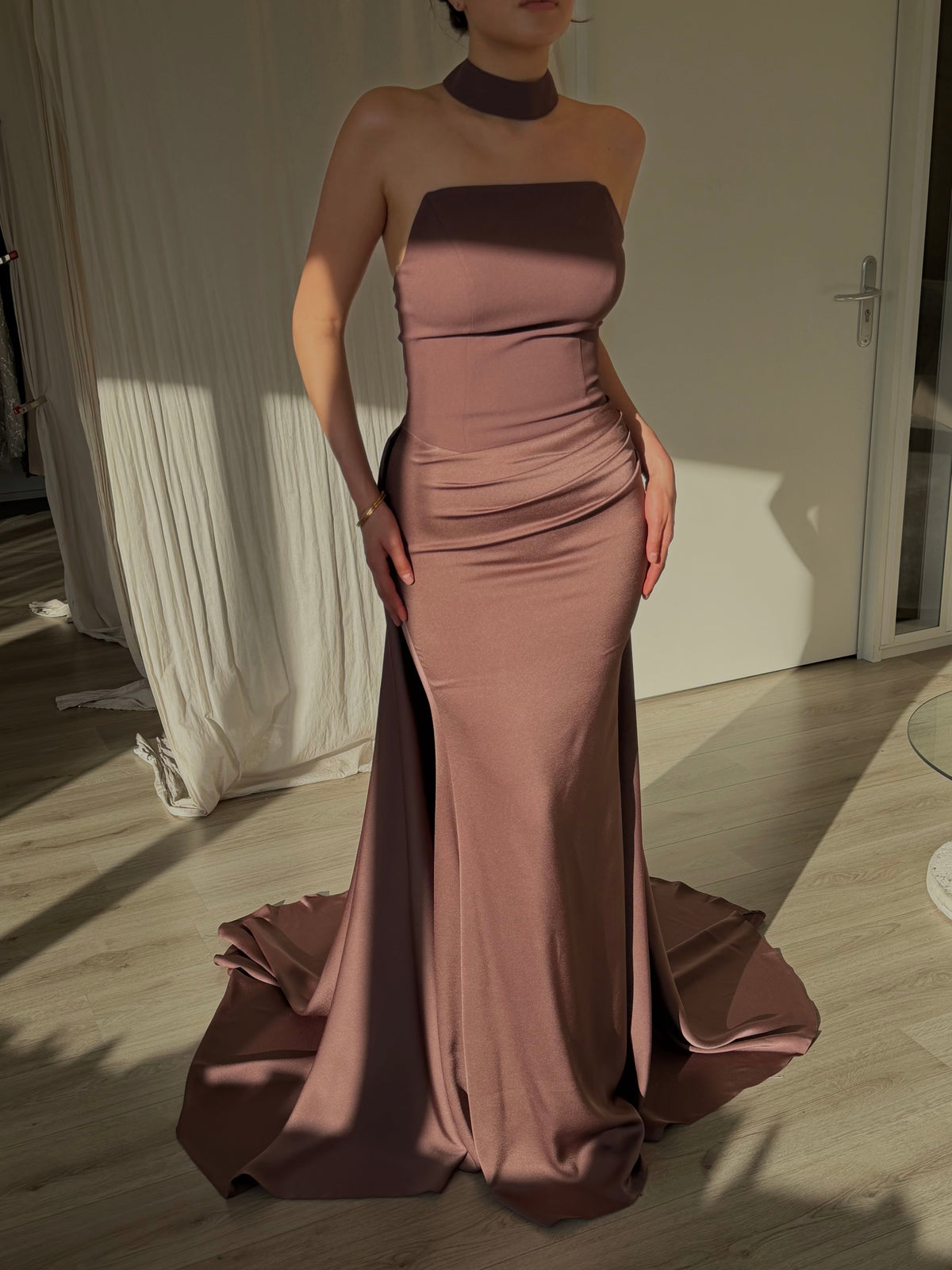 Strapless Draped Evening Gown with Back Train