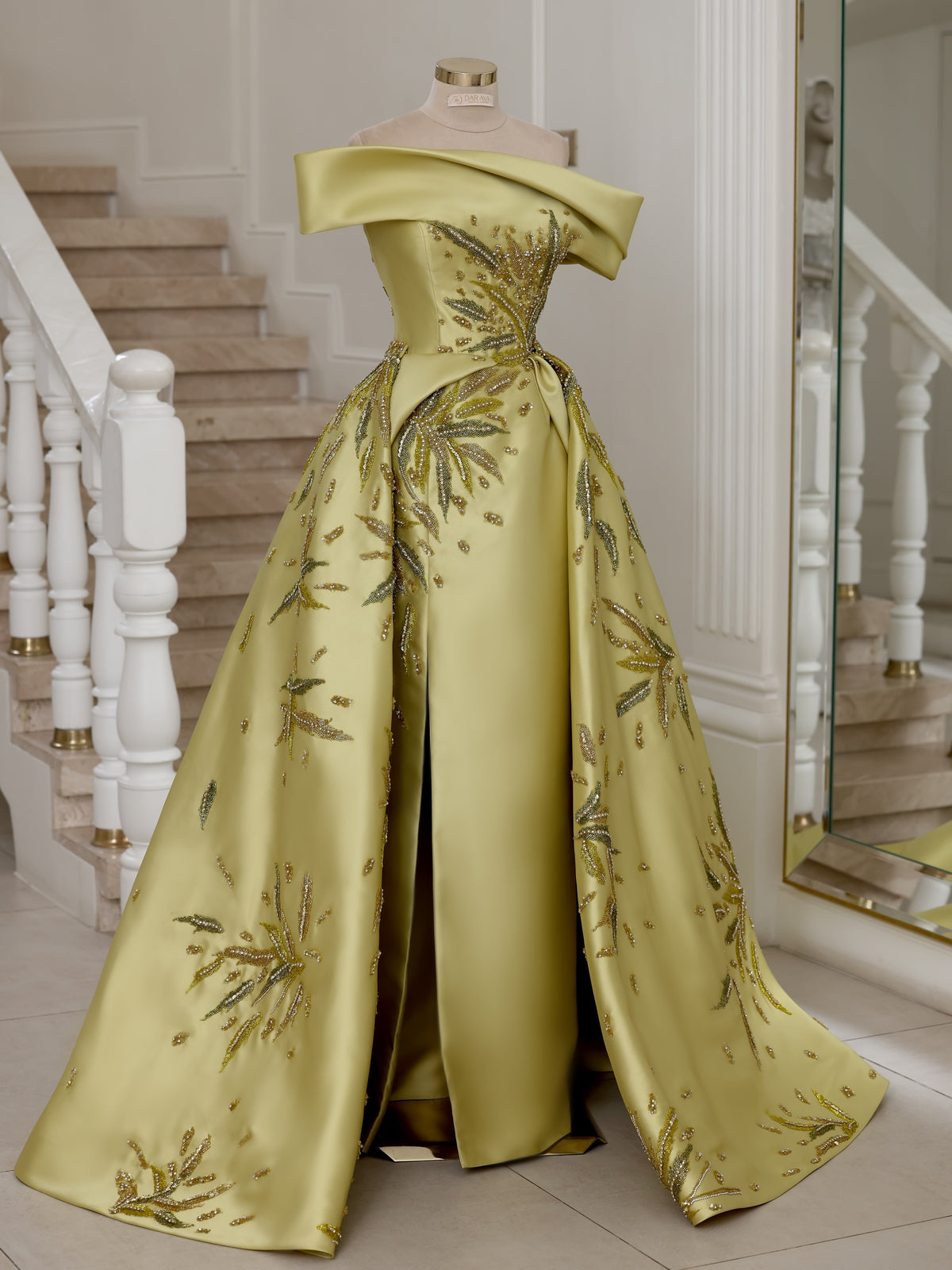 Beaded Off-the-Shoulder Evening Gown with Overskirt