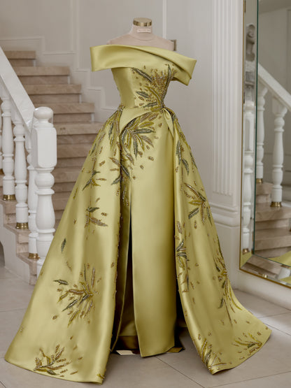 Beaded Off-the-Shoulder Evening Gown with Overskirt