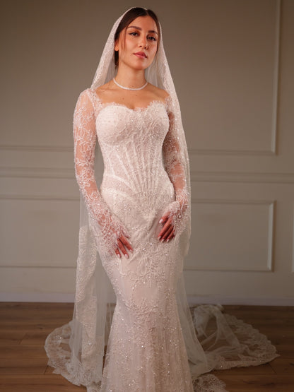 Corset Lace Mermaid Wedding Dress with Long Sleeves
