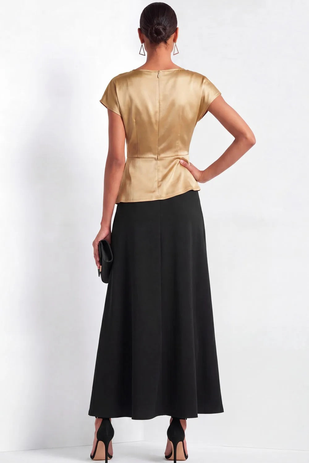 Satin Draped Peplum A-Line Maxi Dress
