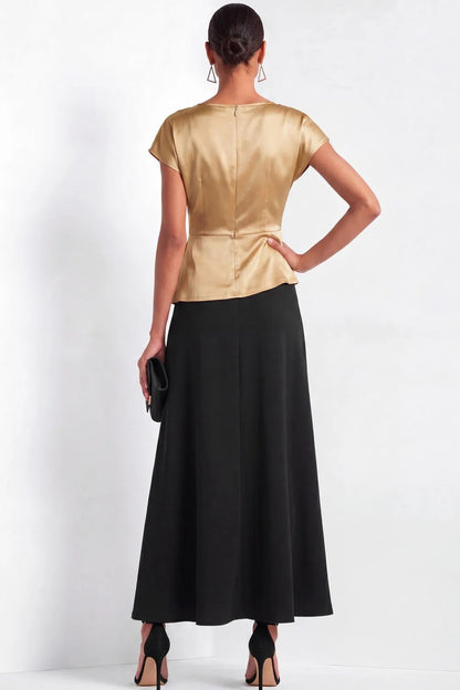Satin Draped Peplum A-Line Maxi Dress