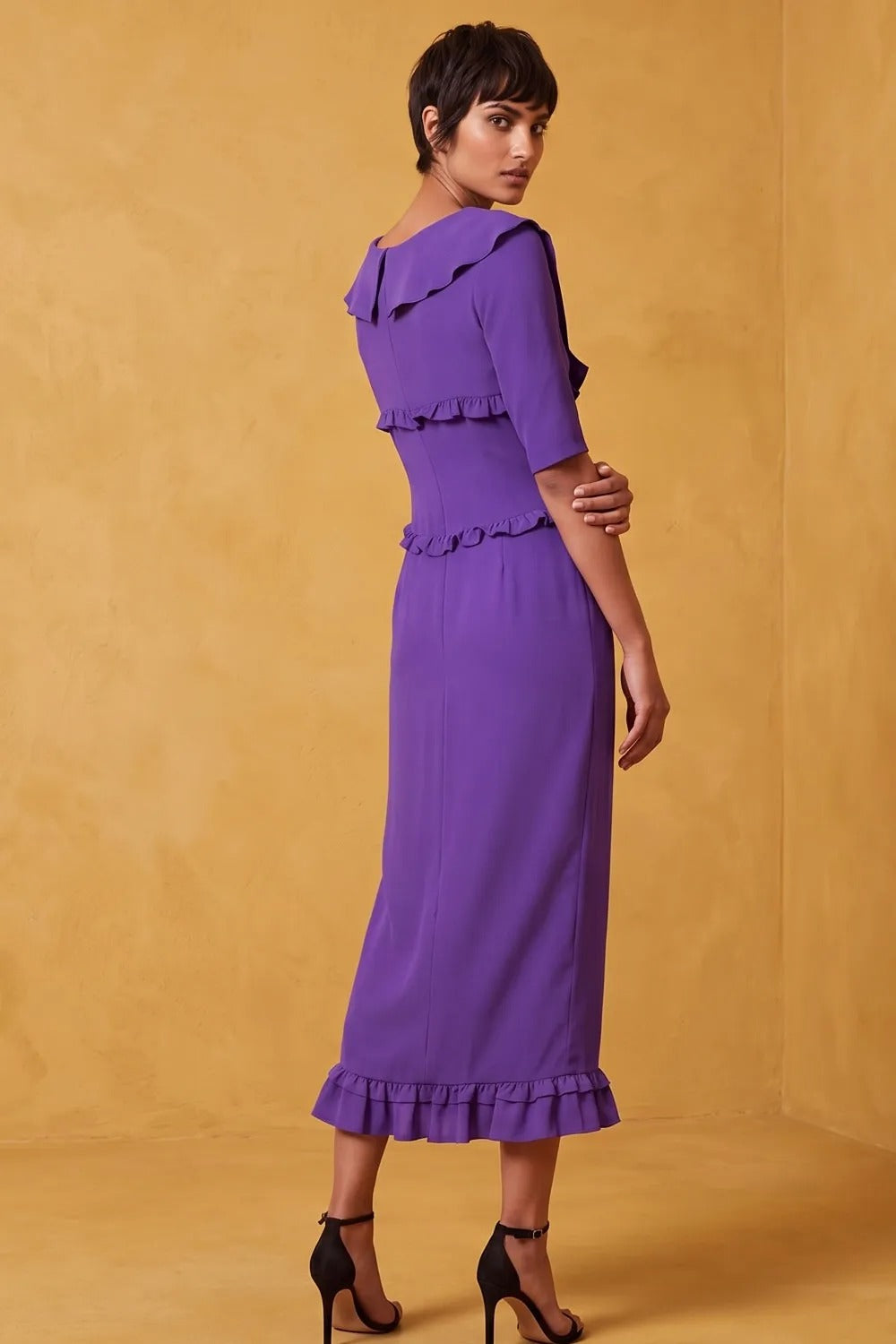 Collared Midi Dress with Ruffle Trim and Bow