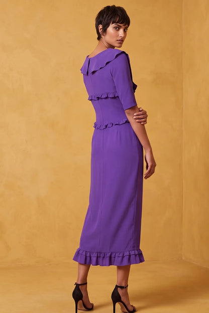 Collared Midi Dress with Ruffle Trim and Bow